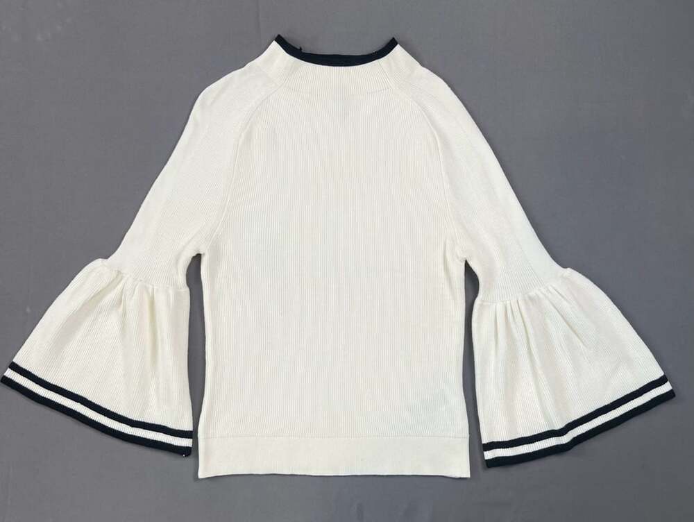 Maeve Flute Sleeve Ribbed Sweater Size M White Black Striped Mock Neck